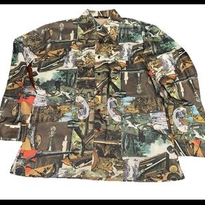 Vtg. Topaz Mens Dog Hunting Polyester Long Sleeve Button Up Sz L  Preppy Dadcore